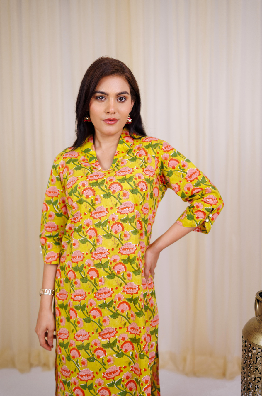 Yellow Block Printed Kurta set