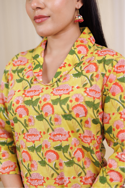 Yellow Block Printed Kurta set