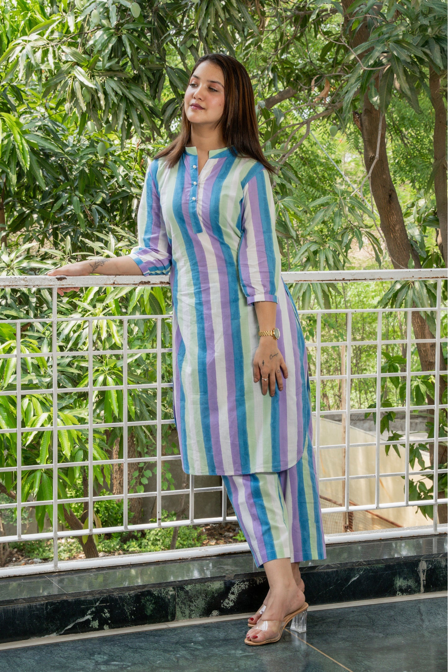Cool Tones Block Print Striped Cotton Set