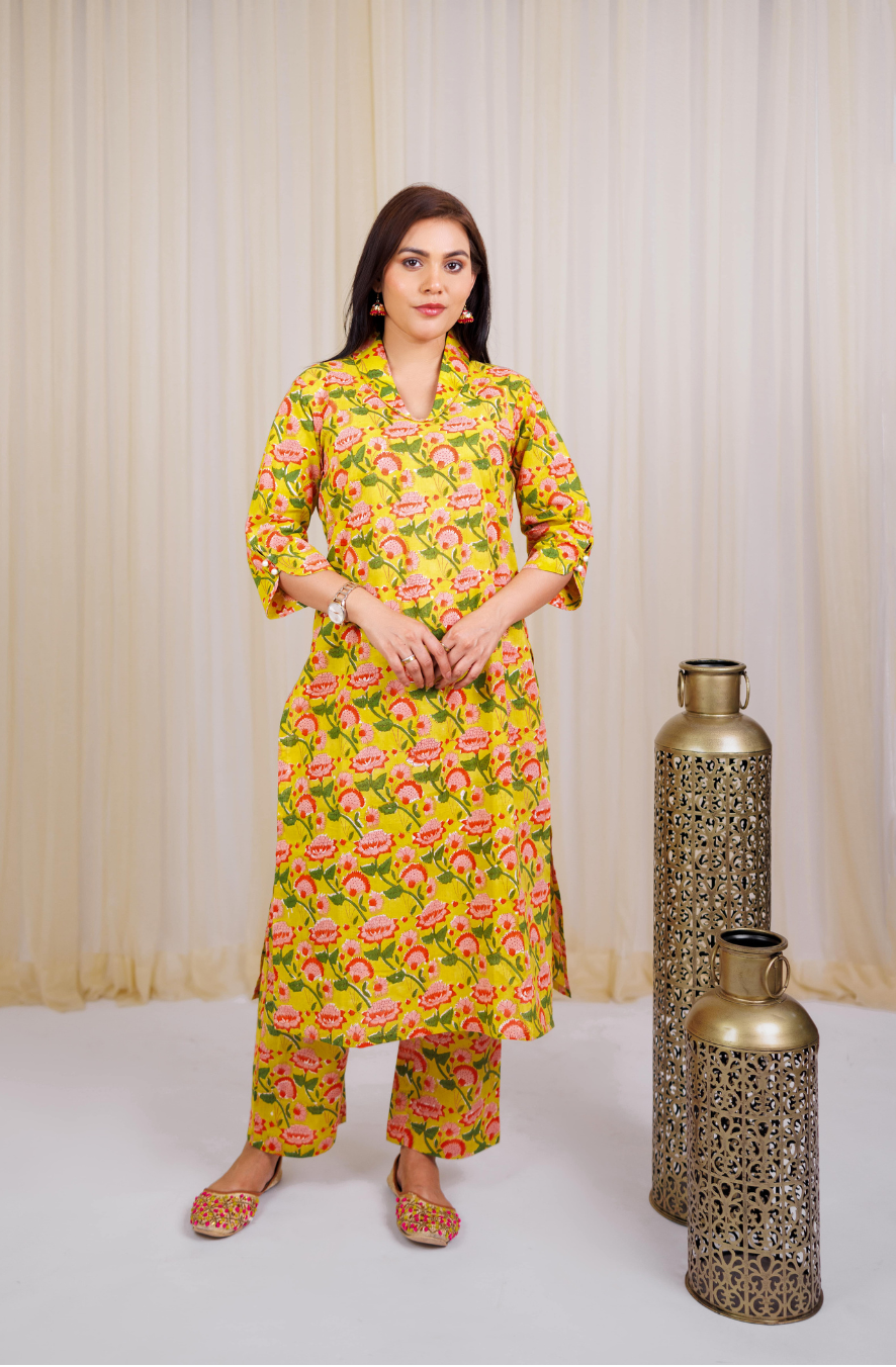 Yellow Block Printed Kurta set