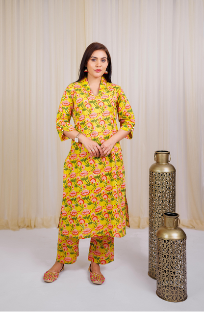 Yellow Block Printed Kurta set