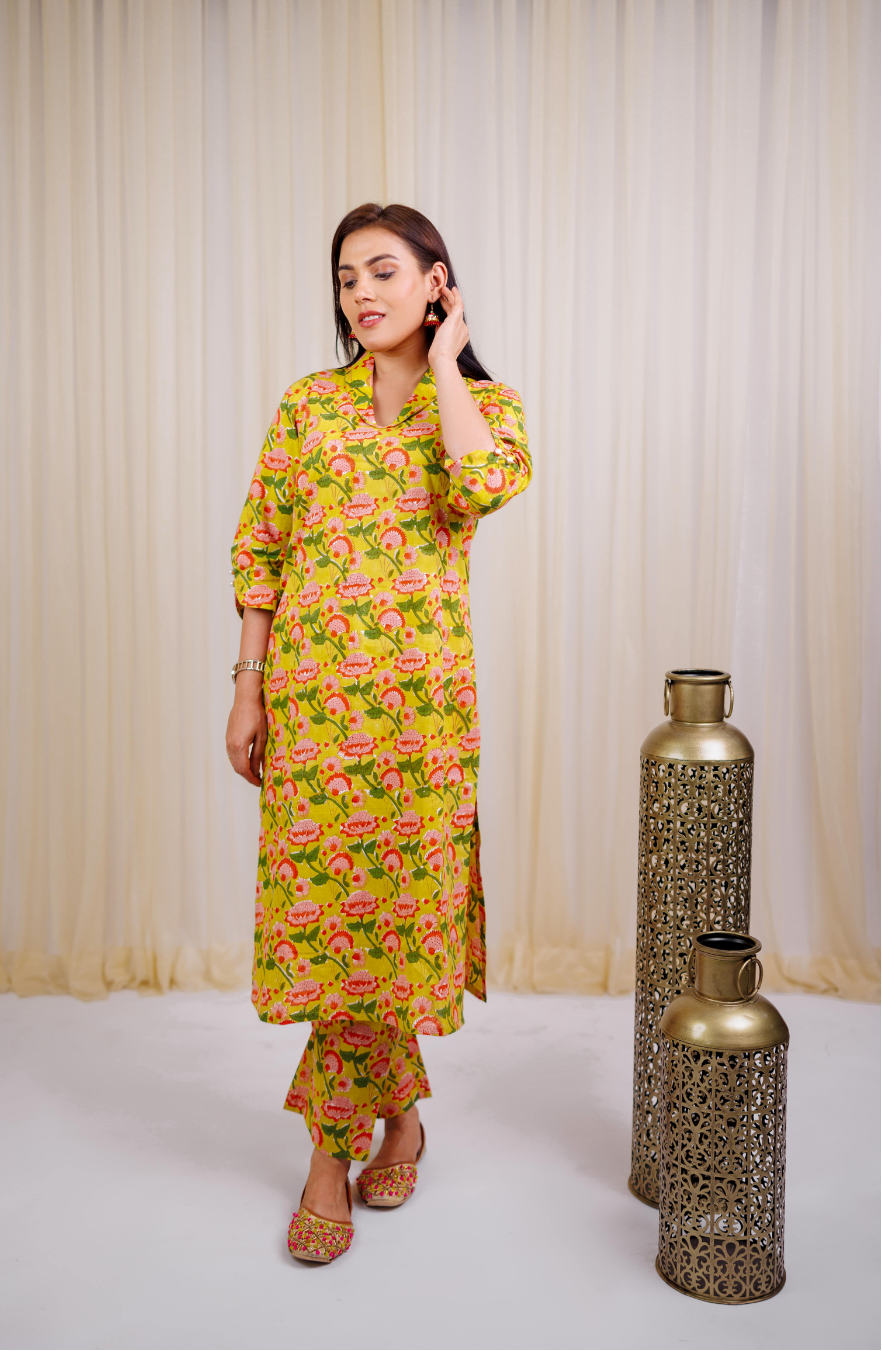 Yellow Block Printed Kurta set