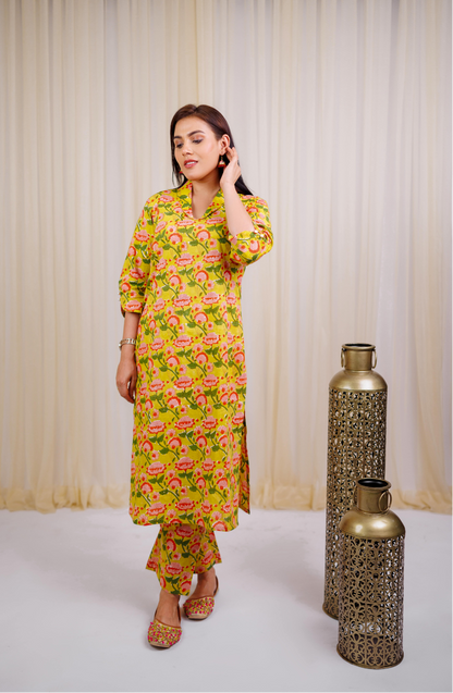 Yellow Block Printed Kurta set