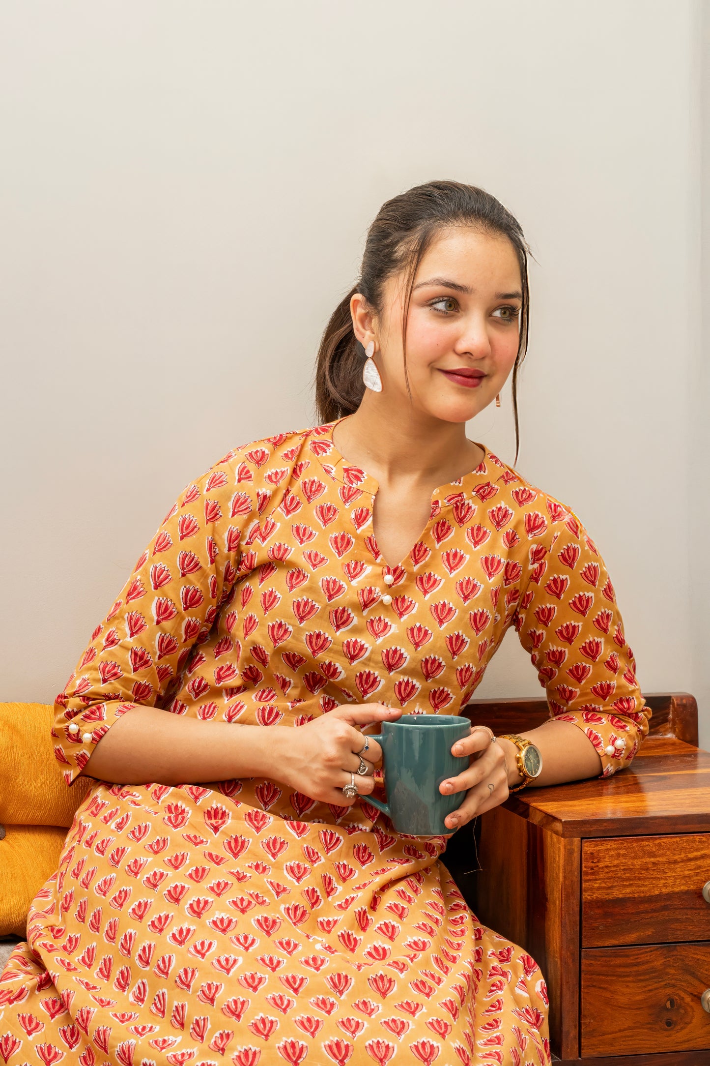 Brown A-Line Hand Block Printed Kurta Set