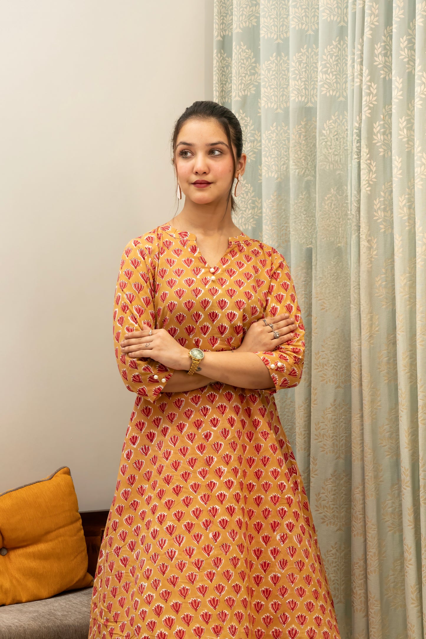 Brown A-Line Hand Block Printed Kurta Set