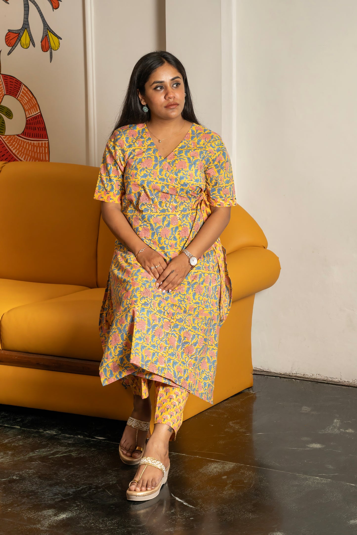 Mustard Gulbandh Angarakha Block printed set