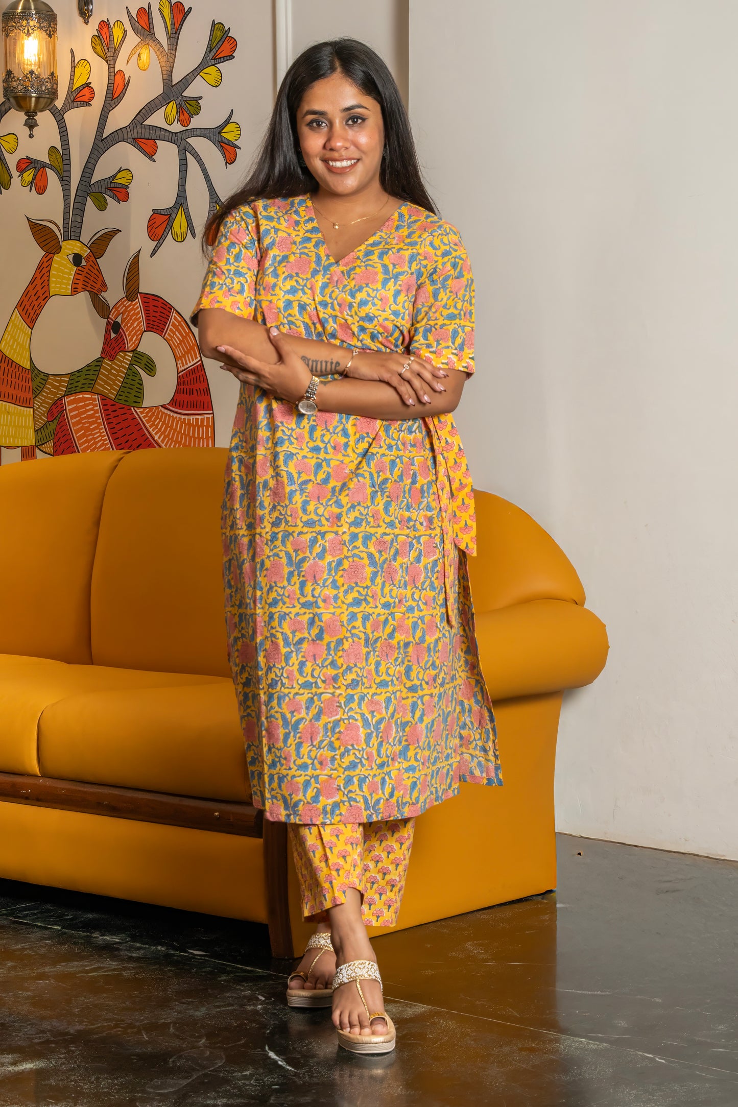 Mustard Gulbandh Angarakha Block printed set