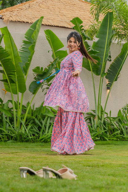 Gulnaar Phool Handblock Print Sharara Set