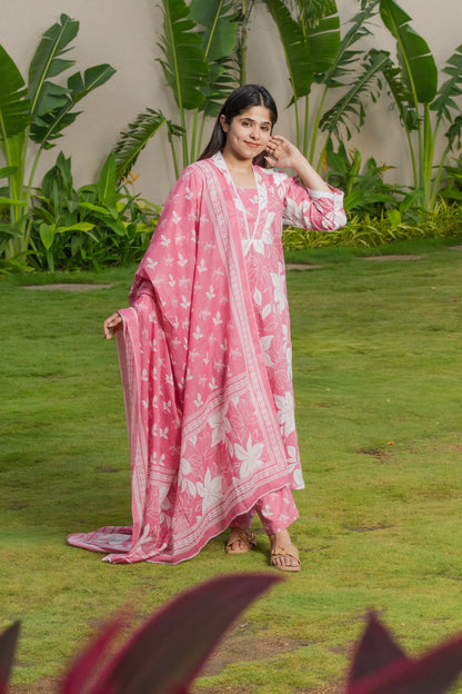 Rose pink Floral Dupatta set
