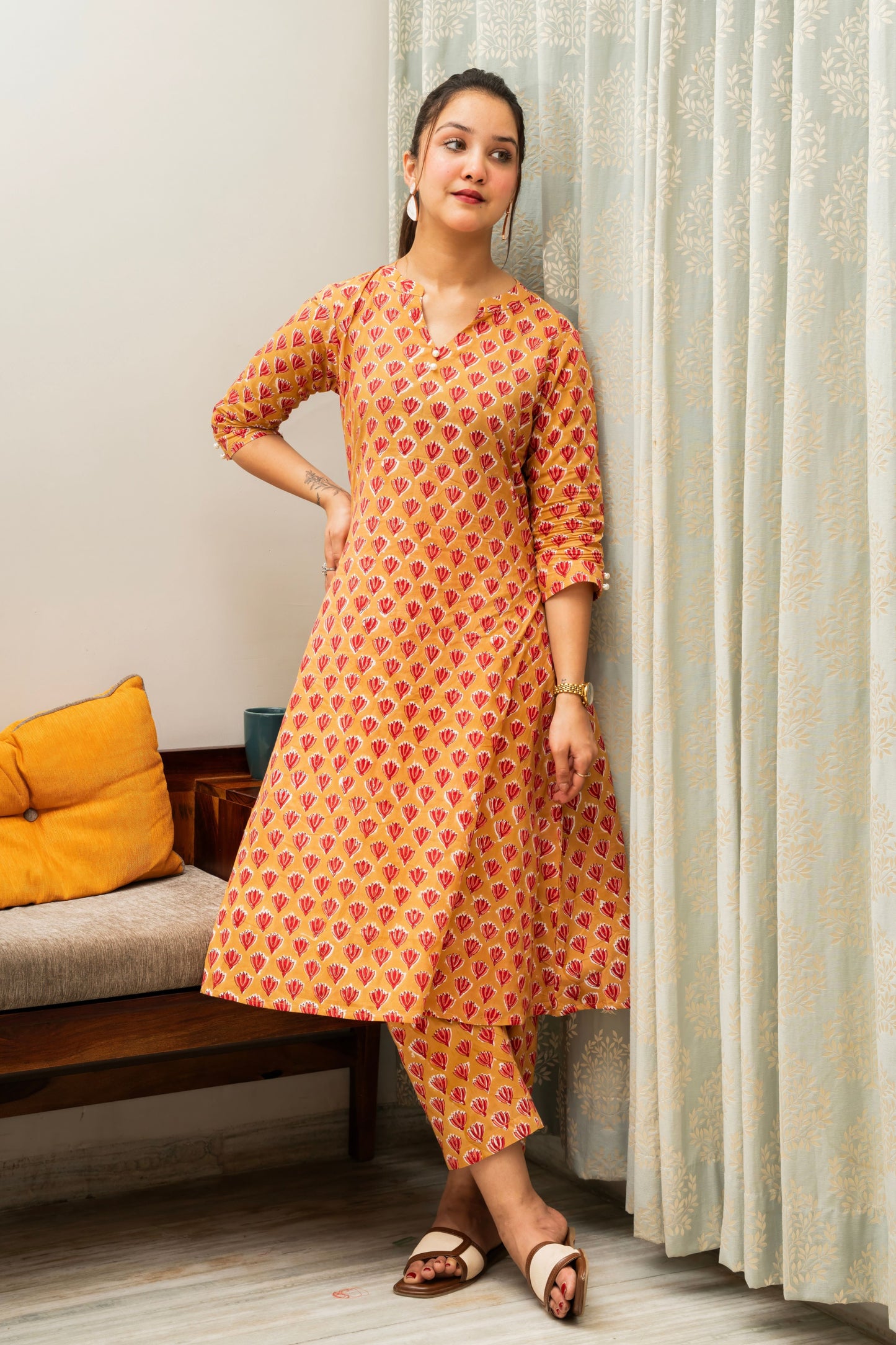 Brown A-Line Hand Block Printed Kurta Set